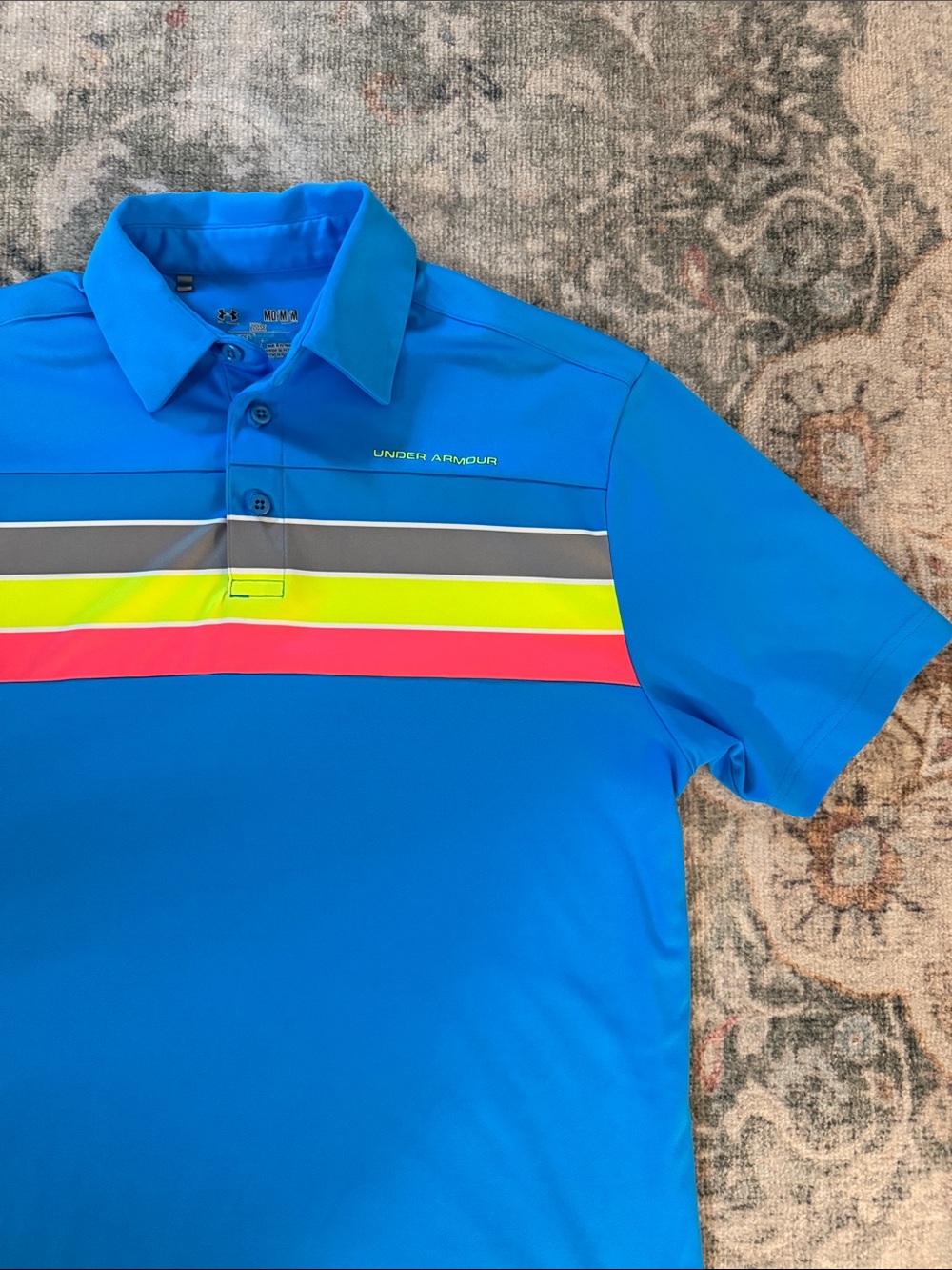 Under Armour Men’s Bright Blue Golf Polo with Neon Yellow & Pink Stripes